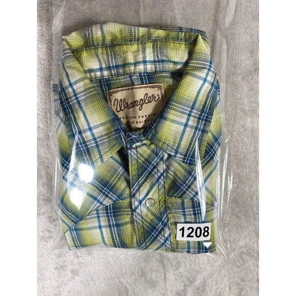 Wrangler Mens Western Cowboy Shirt Green Plaid Short Sleeve Pocket Pearl Snap L - Picture 7 of 7